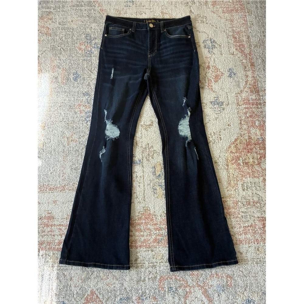 Boho Hippie Vibe Indigo Rein Dark Denim Distressed Flared Jeans Size 13